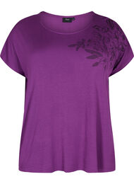 Kortærmet viskose t-shirt med blomsterprint, Grape Juice Flower