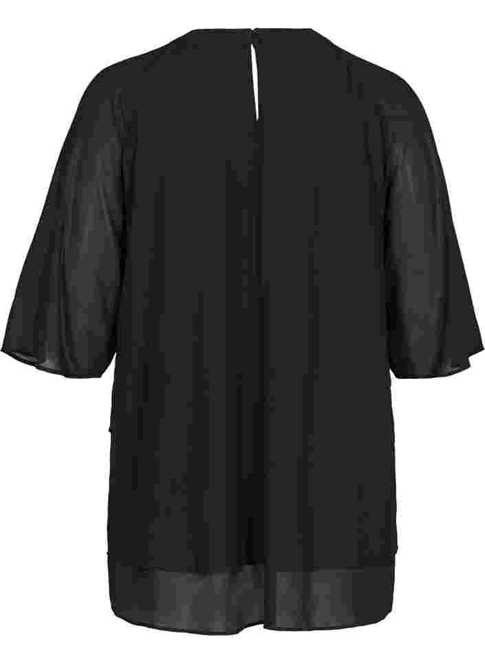 Lang chiffon bluse med 3/4 ærmer, Black, Packshot image number 1
