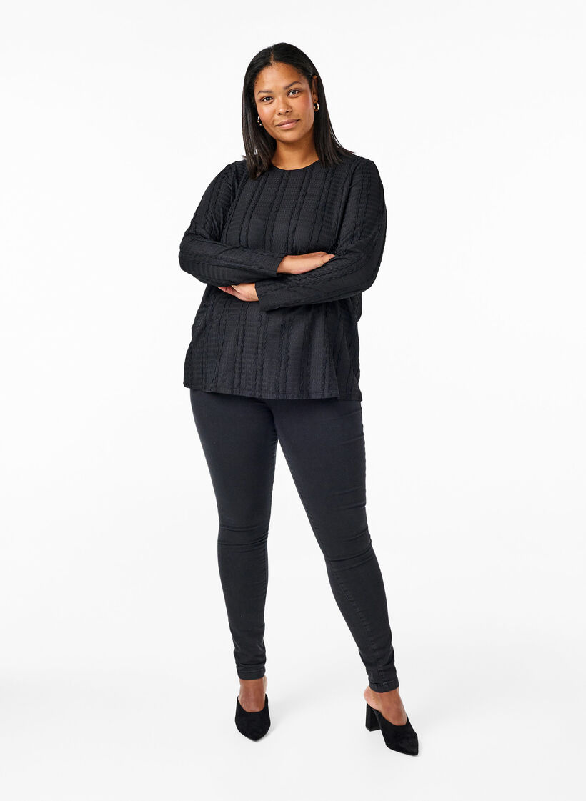 Bluse med lange ærmer og tekstur, Black, Model image number 2