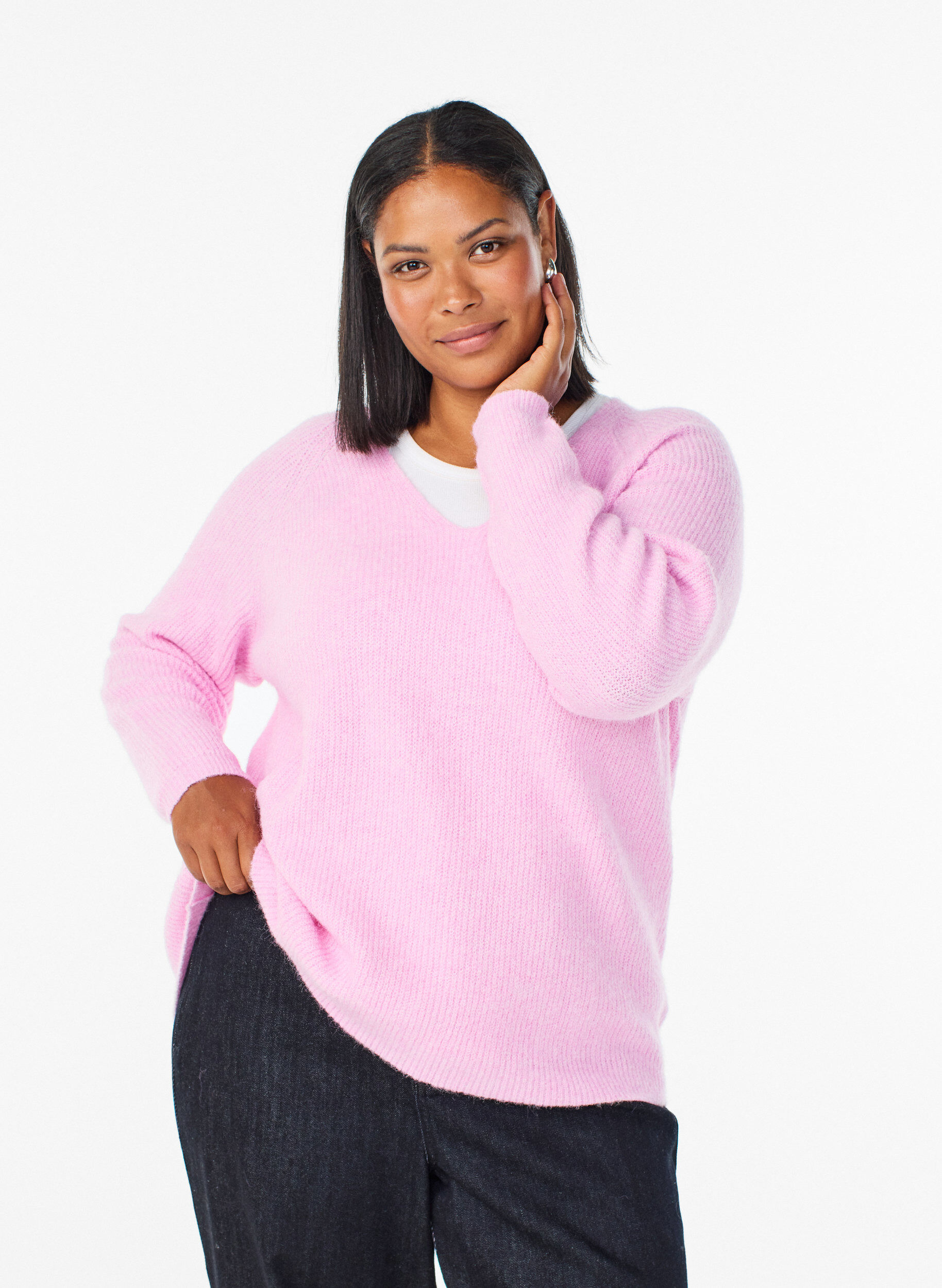 ZizziStrikbluse med V-hals og raglan&aelig;rmer, Lyser&oslash;d, Model image number 0