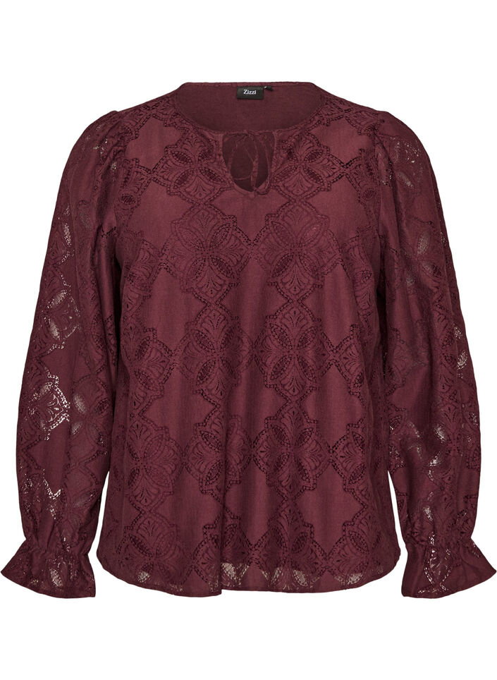 Lang&aelig;rmet bluse med blondem&oslash;nster, M&oslash;rk Bordeaux, Packshot image number 0