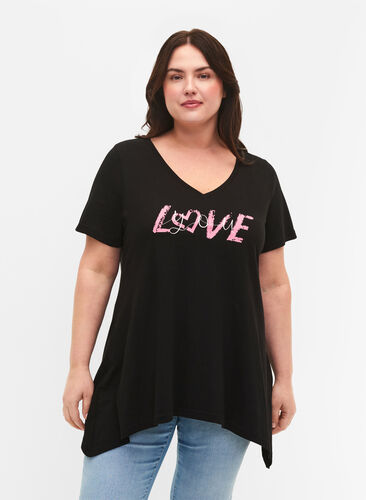 Bomulds t-shirt med korte ærmer, Black LOVE, Model image number 0