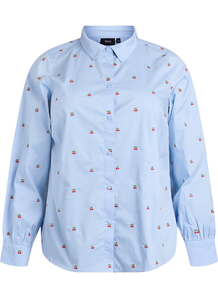 Skjorte med broderede kirseb&aelig;r, Bl&aring;, Packshot image number 0