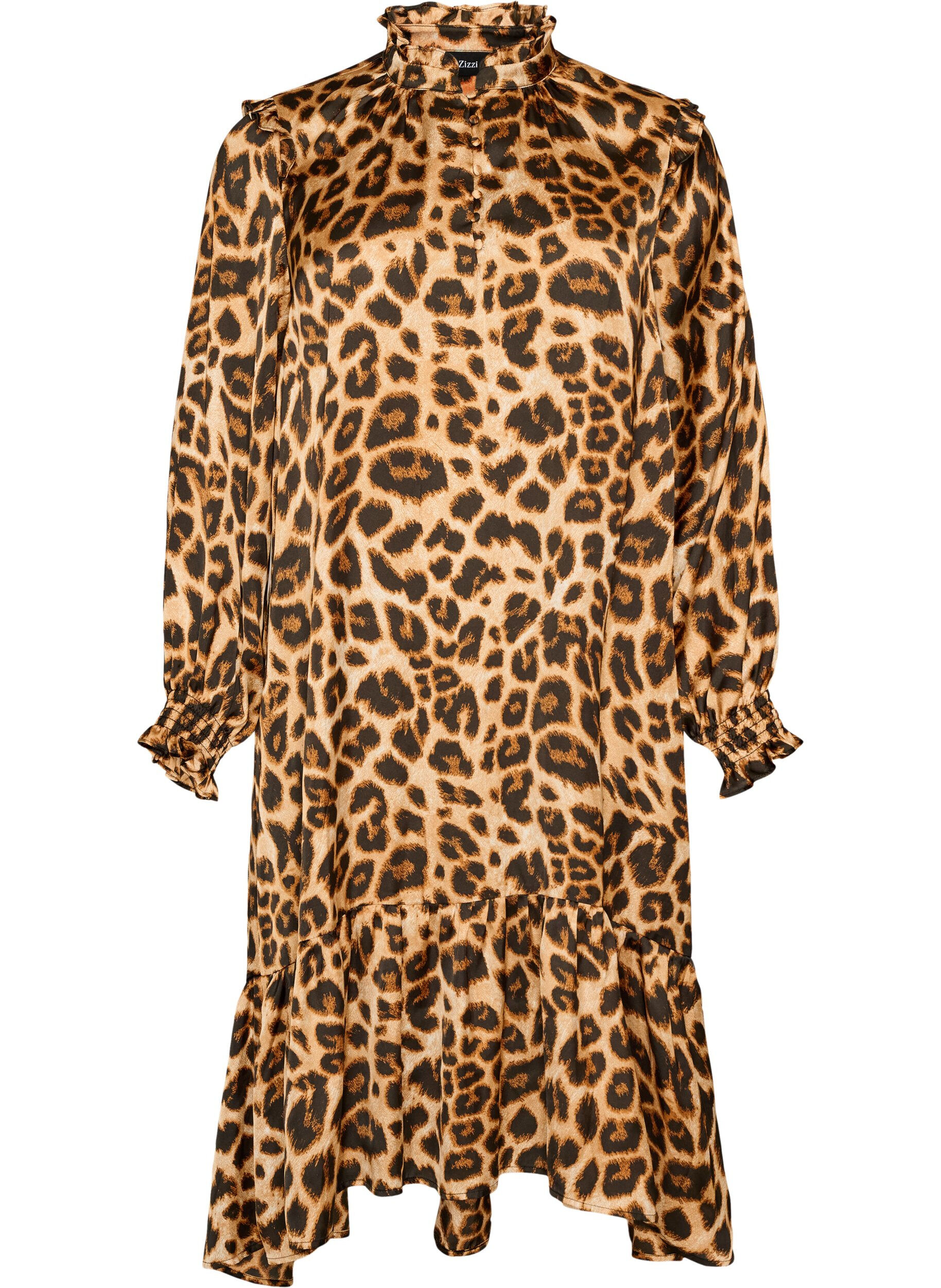 Kjole med leopardprint og fl&aelig;sedetaljer