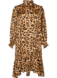 Kjole med leopardprint og fl&aelig;sedetaljer, Brun