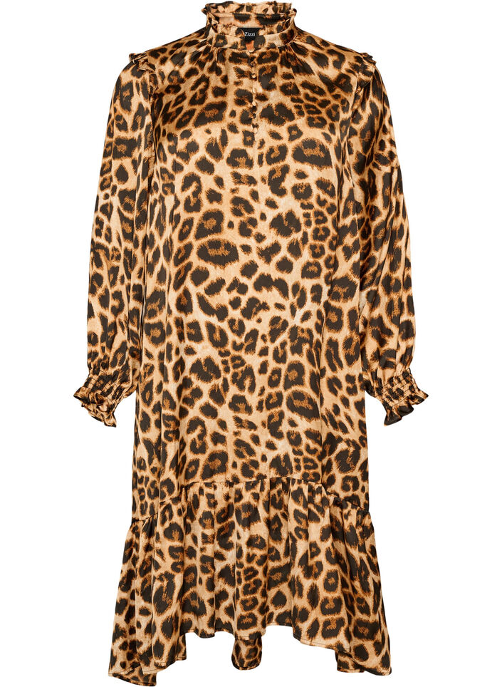 Kjole med leopardprint og fl&aelig;sedetaljer, Brun, Packshot image number 0