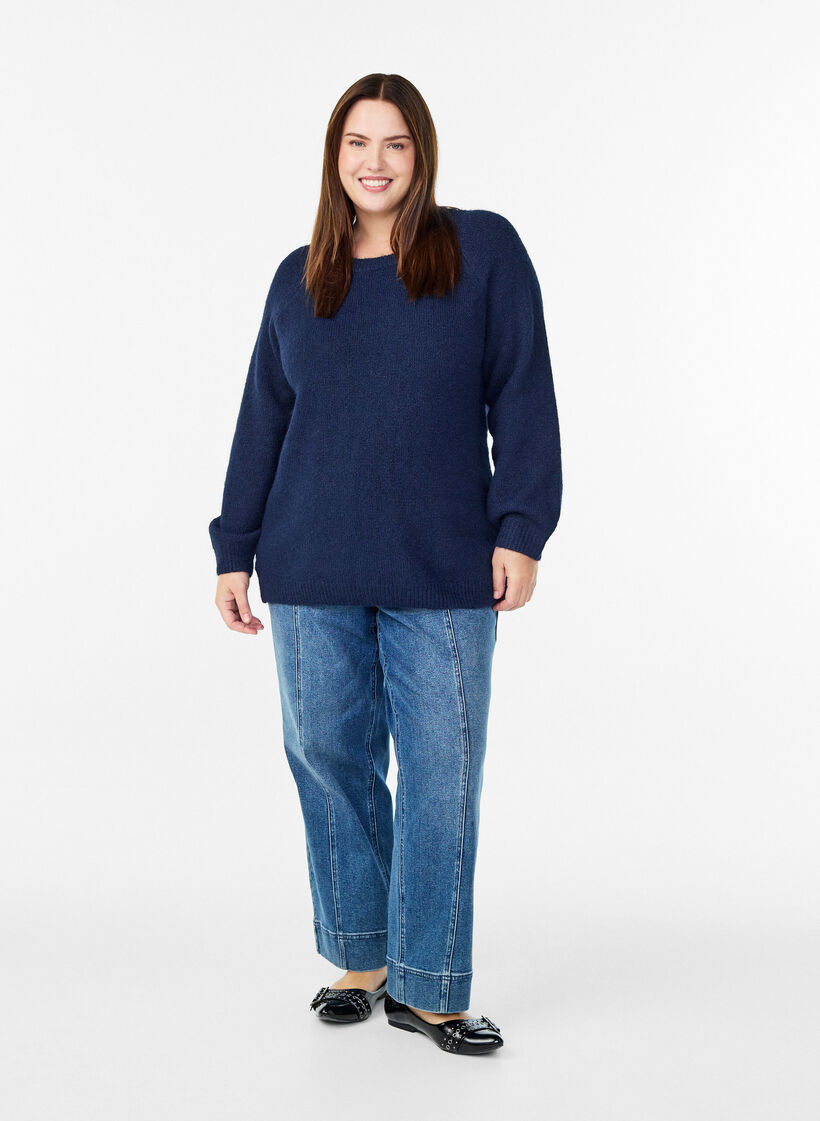 Strikbluse med raglanærmer, Blå, Model image number 1