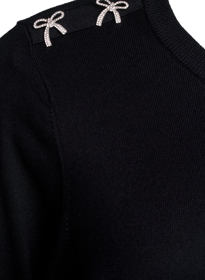 Strikbluse med korte ærmer og små sløjfer, Sort, Packshot image number 3