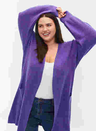 Lang strikket cardigan med ballonærmer, Purple Opulence, Model image number 1