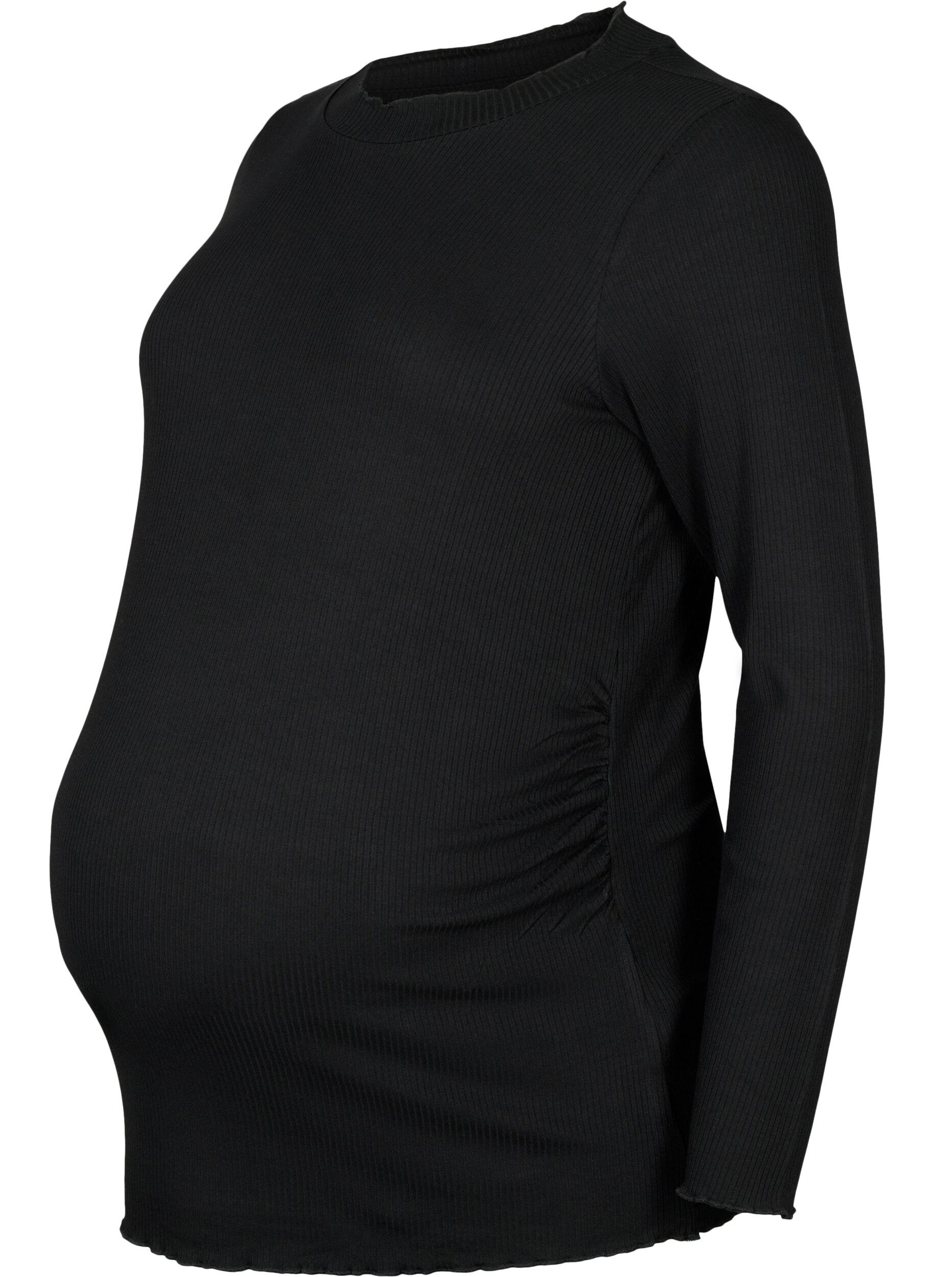 Zizzi Lang&aelig;rmet graviditets bluse i rib, Black, Packshot image number 0