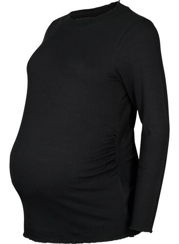 Langærmet graviditets bluse i rib, Black, Packshot image number 0