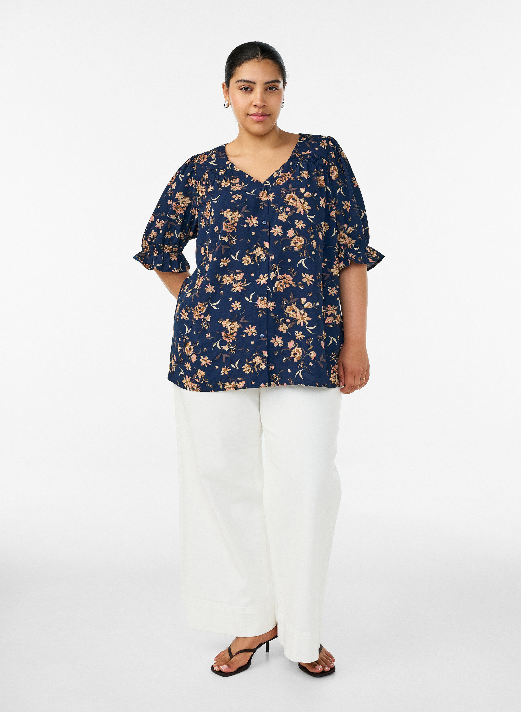 ZizziSkjortebluse med 1/2 &aelig;rmer, Bl&aring;, Model image number 1