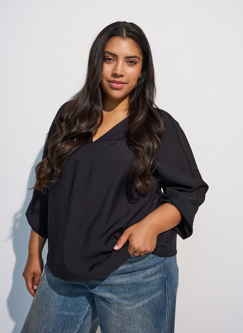 Bluse med balloneffekt og chiffondetaljer, Sort, Model image number 0