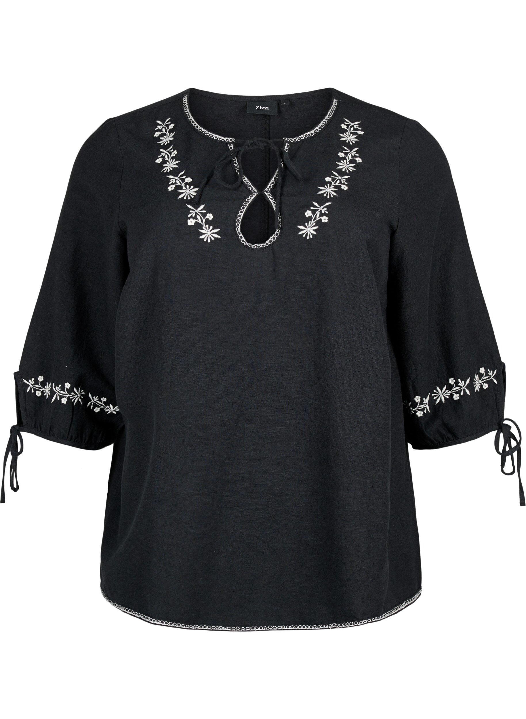 Zizzi Broderet bluse i bomuldsmix med h&oslash;r, Black W. EMB, Packshot image number 0