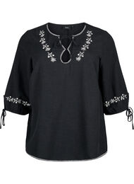 Broderet bluse i bomuldsmix med hør, Black W. EMB