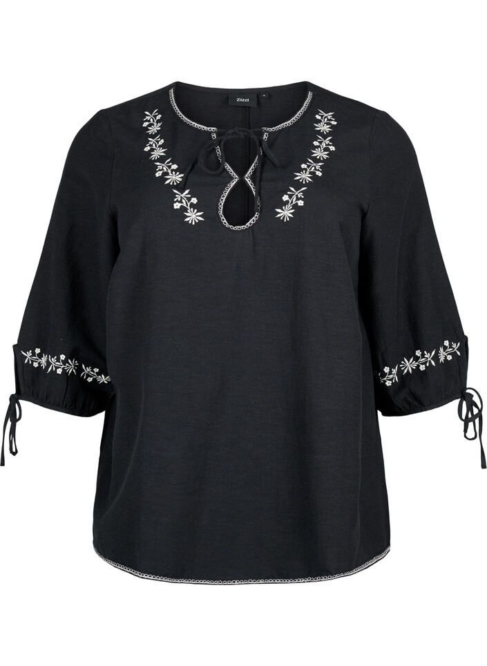 Broderet bluse i bomuldsmix med hør, Black W. EMB, Packshot image number 0