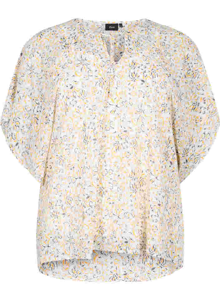 Printet bluse med bindesnøre og korte ærmer, Icicle Flower AOP, Packshot image number 0