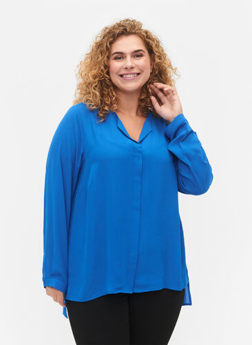 Ensfarvet skjorte med v-udskæring, Princess Blue, Model image number 0