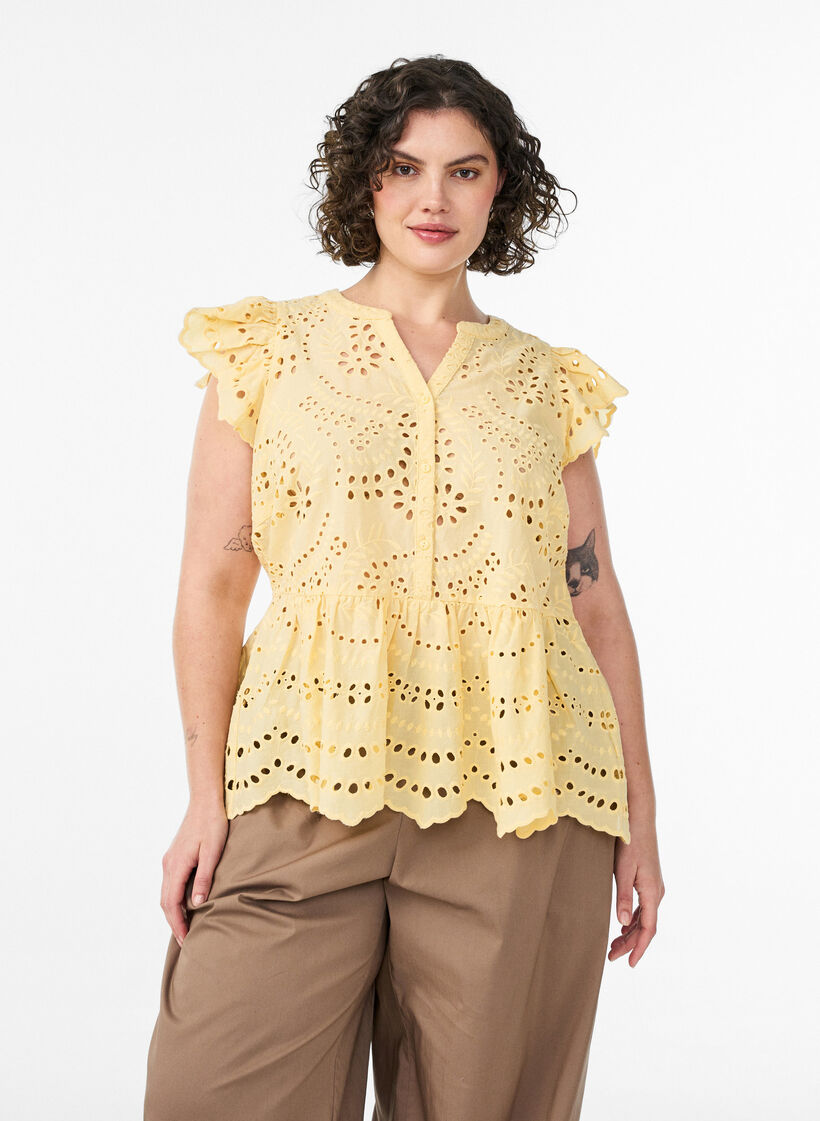 &AElig;rmel&oslash;s bluse i broderie anglaise med fl&aelig;ser, Gul, Model image number 0