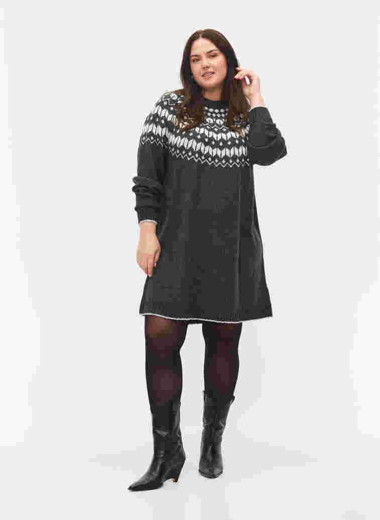 Mønstret strikkjole med uld, Dark Grey Mel Comb, Model image number 2