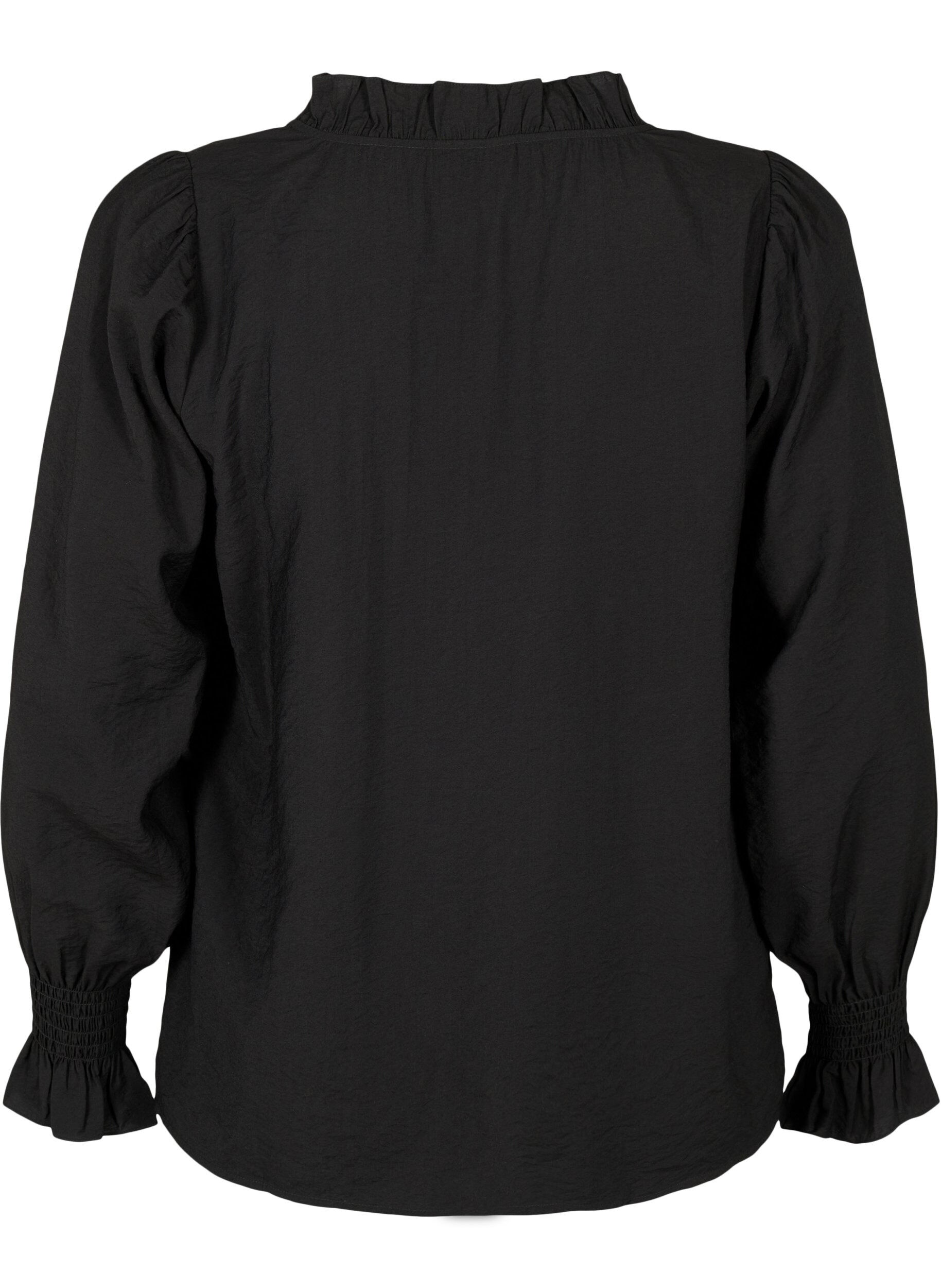 Zizzi Lang&aelig;rmet viskosebluse med fl&aelig;sedetaljer, Black, Packshot image number 1