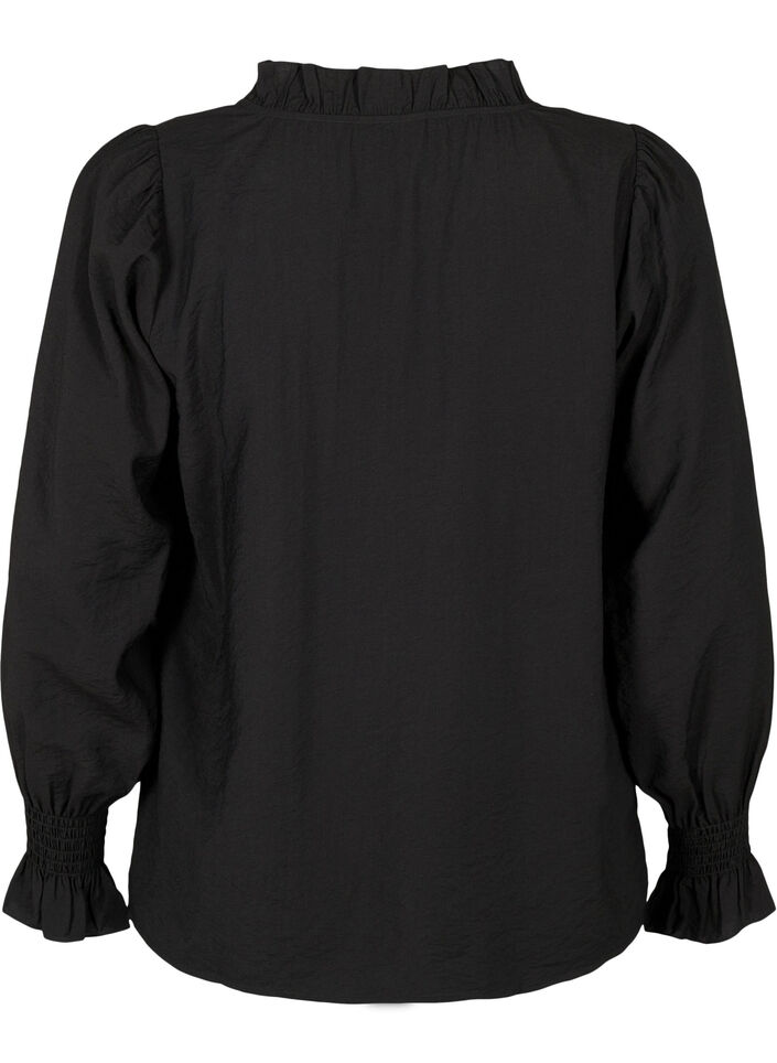 Langærmet viskosebluse med flæsedetaljer, Black, Packshot image number 1