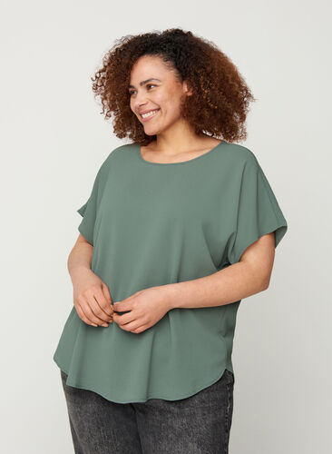 Bluse med korte ærmer og rund halsudskæring, Balsam Green, Model image number 0