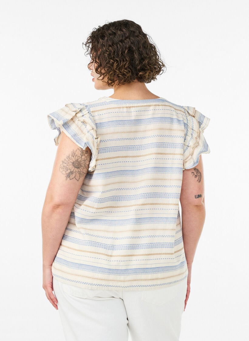 &AElig;rmel&oslash;s bluse med fl&aelig;ser og m&oslash;nstrede striber, Vanilla, Model image number 2