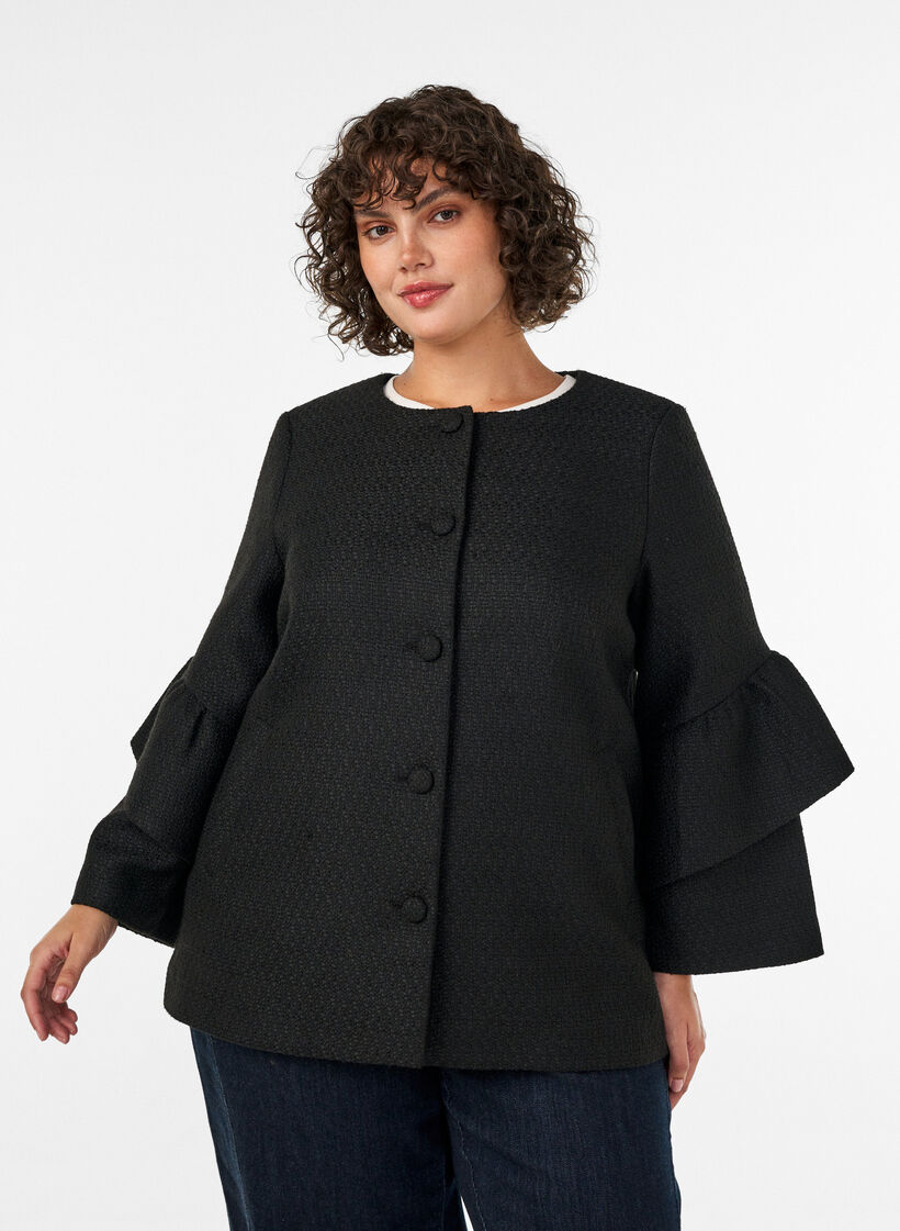 Boucl&eacute;jakke med fl&aelig;sedetaljer , Sort, Model image number 3