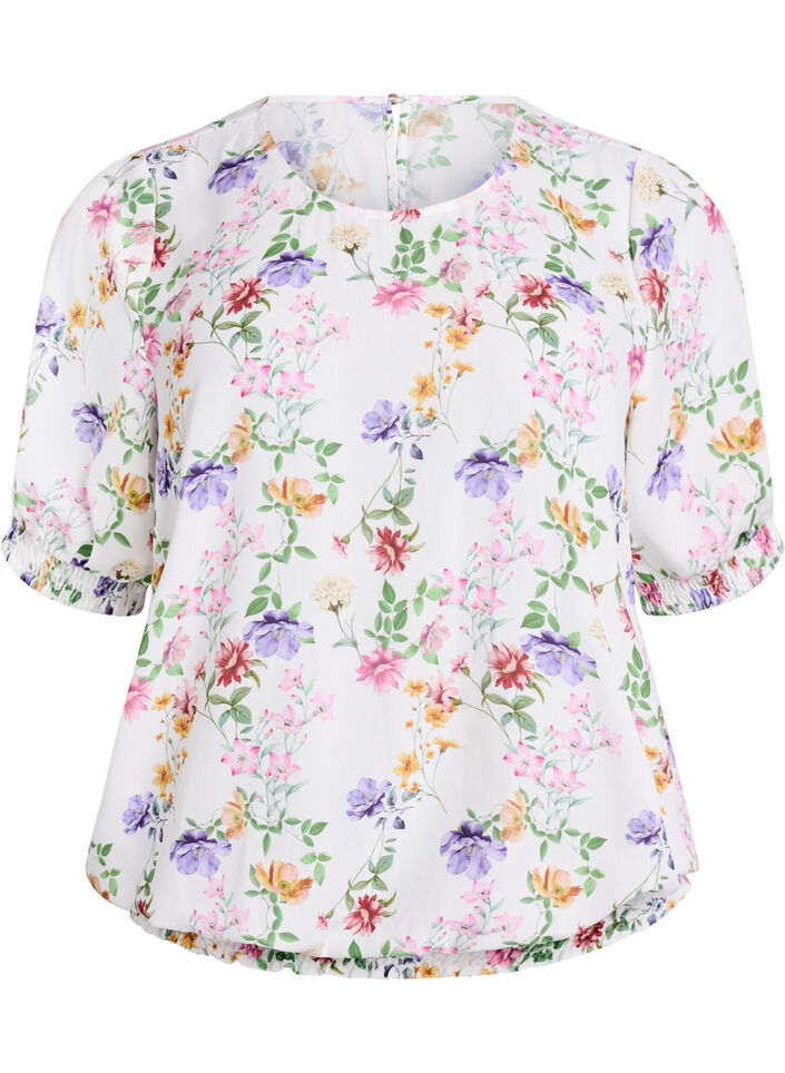 Blomstret bluse med smock, Lyser&oslash;d, Packshot image number 0