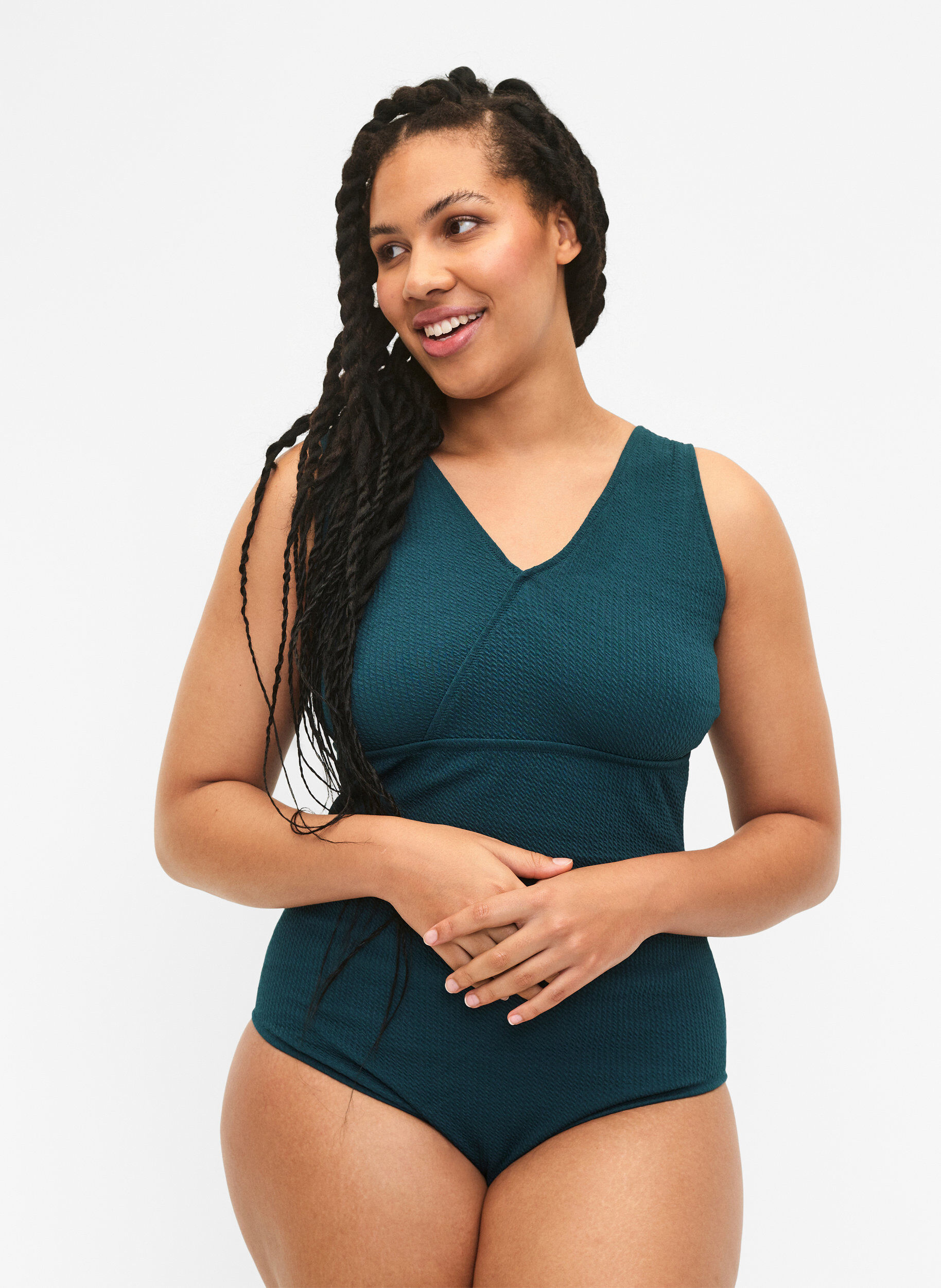 Zizzi Badedragt med crepestruktur og wrapeffekt, Dark Sea, Model image number 0