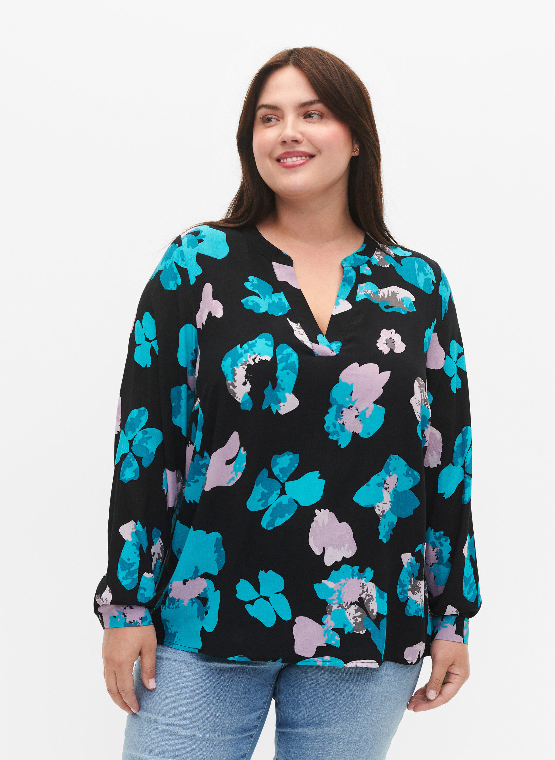 Zizzi Lang&aelig;rmet viskosebluse med print, Blue AOP, Model image number 0