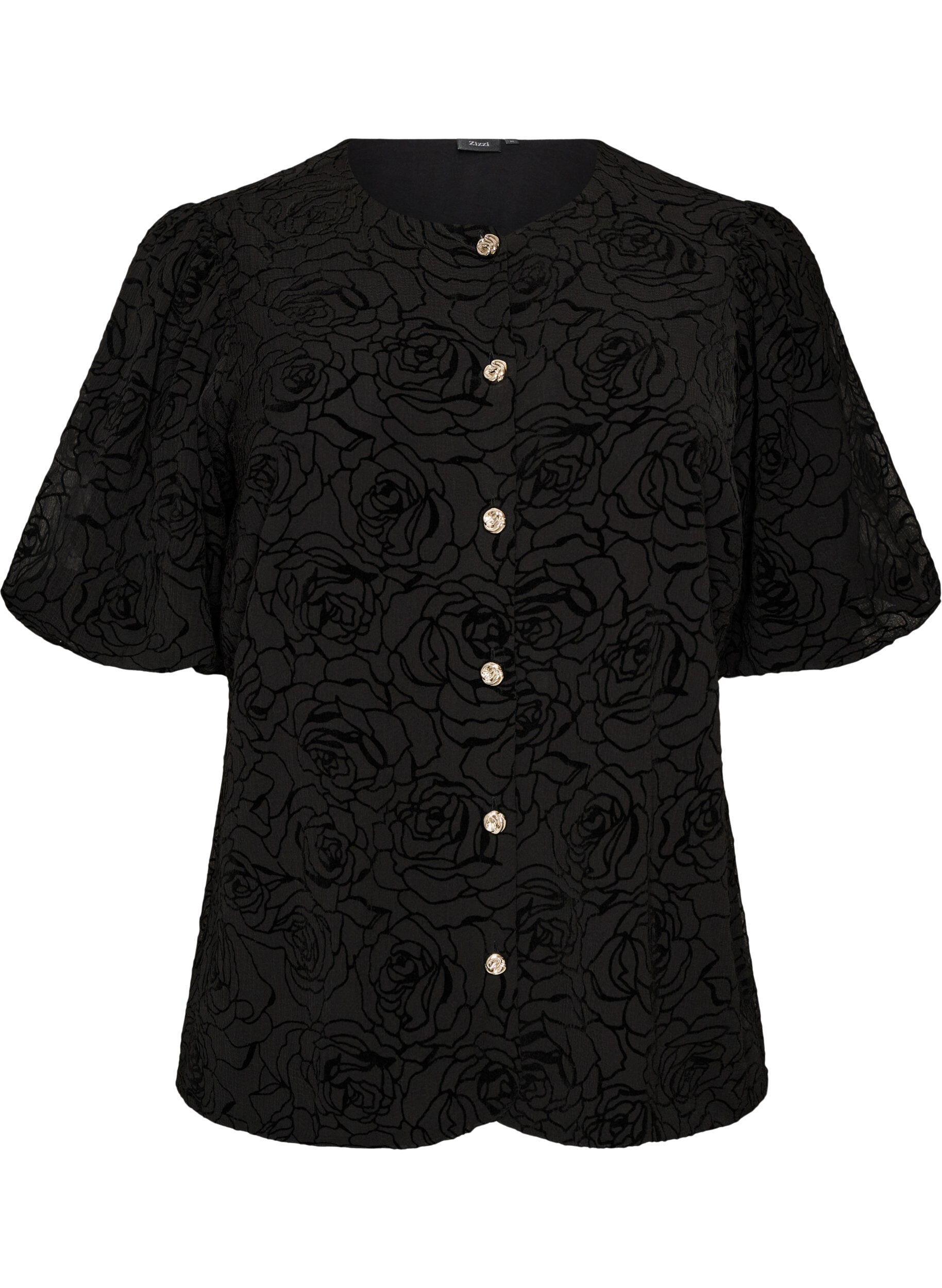 ZizziBluse med blomsterm&oslash;nster og ballon&aelig;rmer, Sort, Packshot image number 0