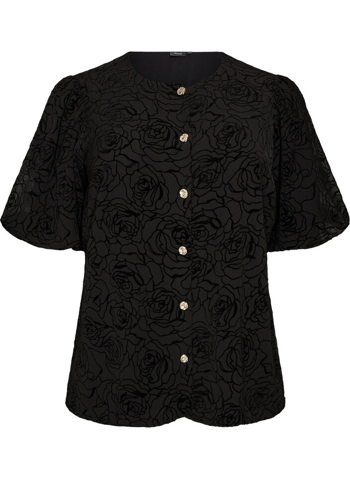 Bluse med blomsterm&oslash;nster og ballon&aelig;rmer, Sort, Packshot image number 0