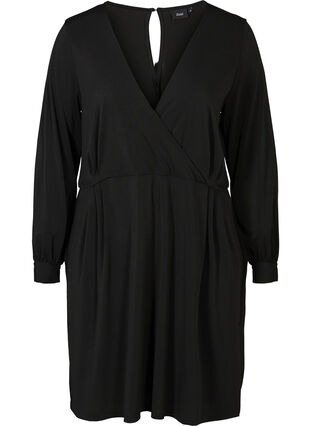 Langærmet kjole med v-udskæring, Black, Packshot image number 0