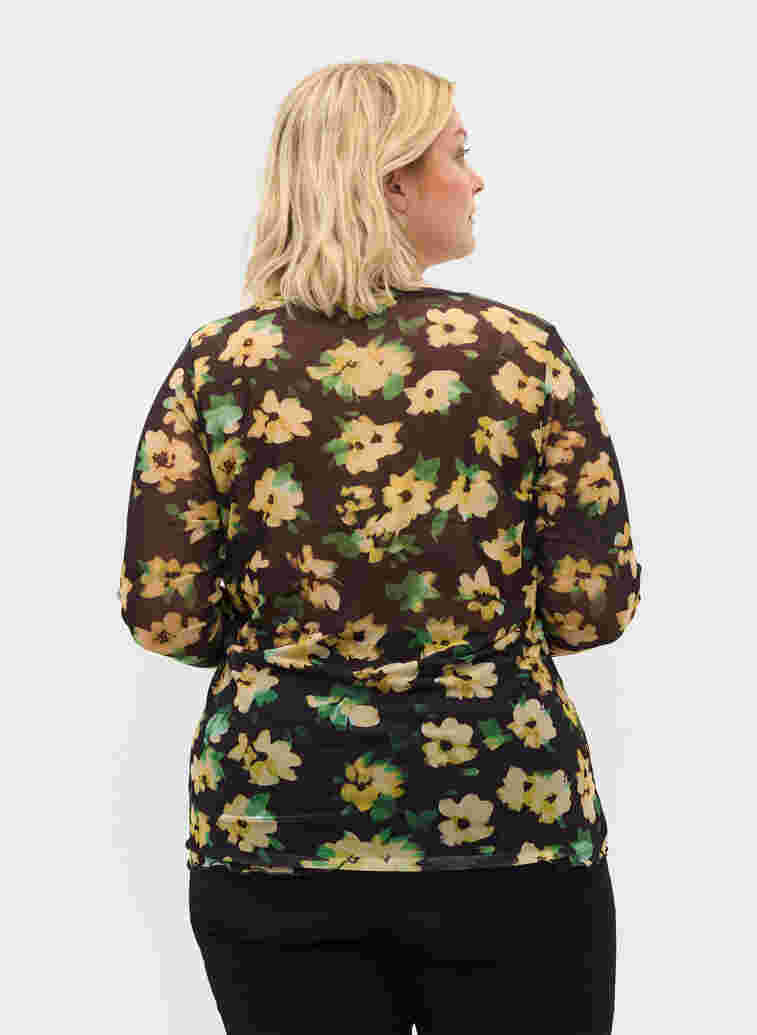Tætsiddende mesh bluse med blomstermønster, Yellow Green AOP, Model image number 1