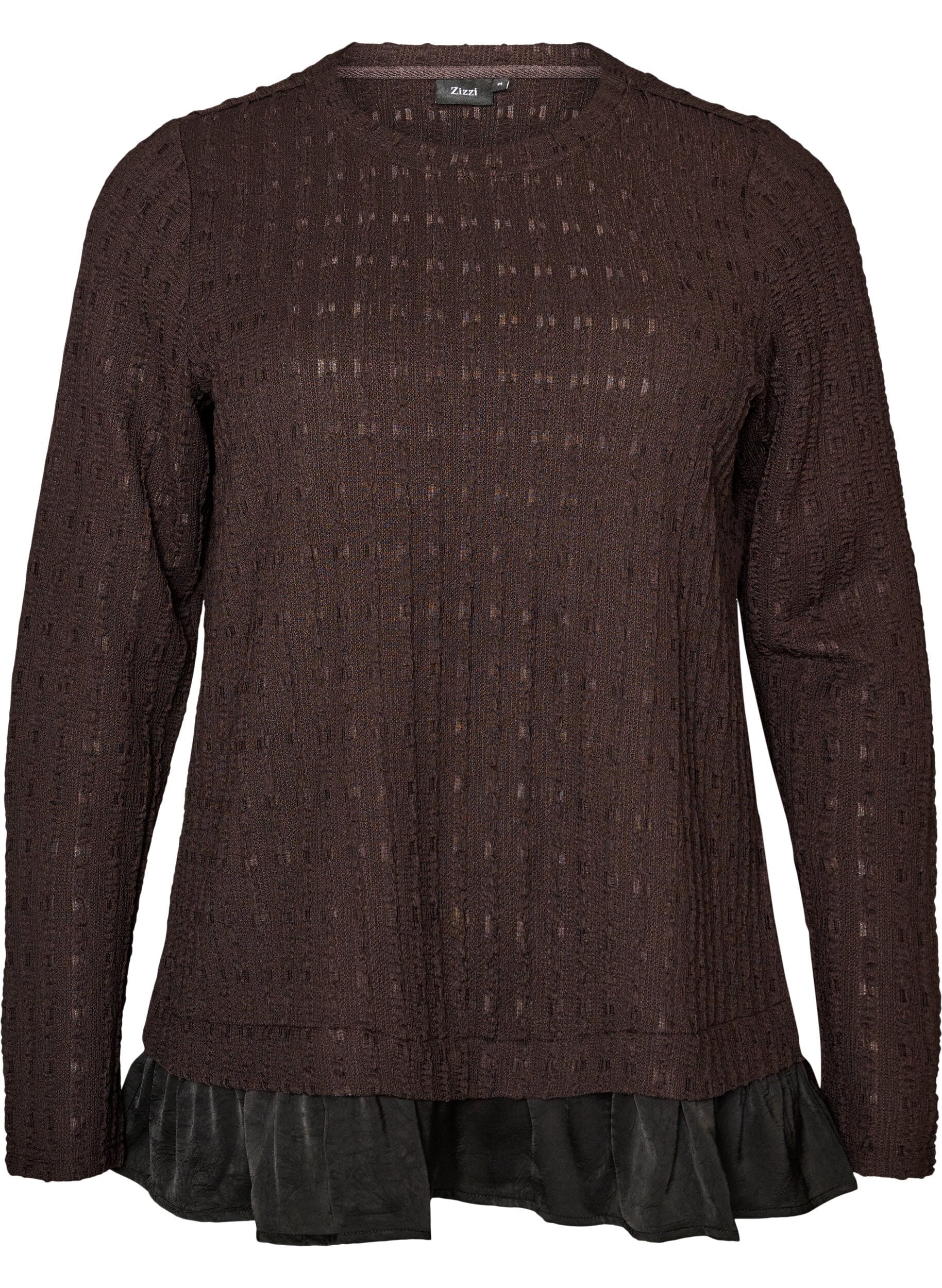 ZizziStruktureret bluse med fl&aelig;sekant, Brun, Packshot image number 0