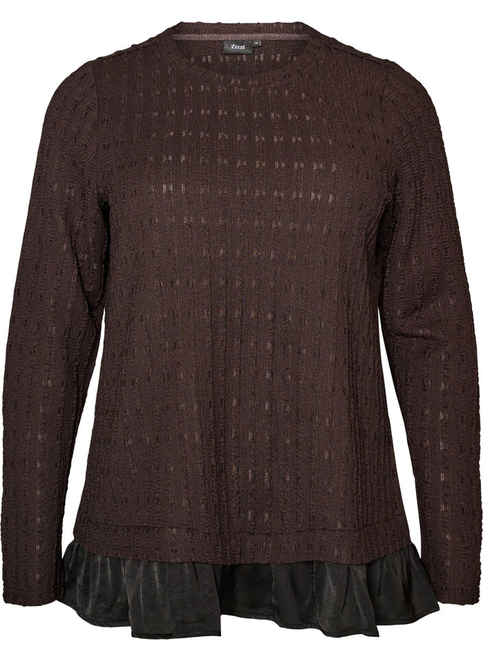 Struktureret bluse med fl&aelig;sekant, Brun, Packshot image number 0