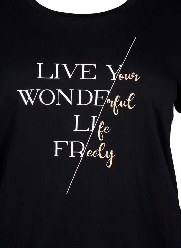 Kortærmet bomulds t-shirt med elastikkant, Black w. Live, Packshot image number 2