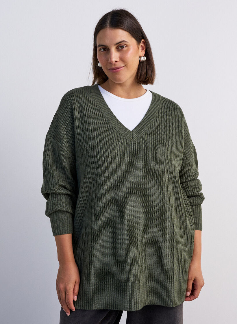 Lang ribstrikket bluse med V-hals, Gr&oslash;n, Model image number 0