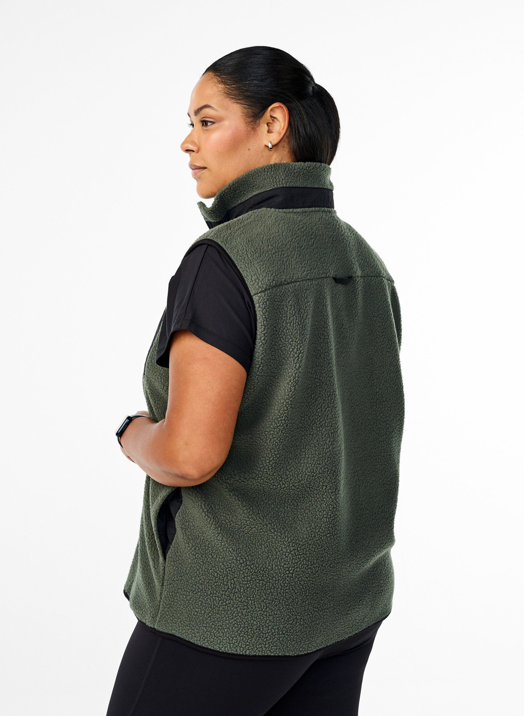Zizzi Sporty teddy vest med lommer, Thyme, Model image number 1