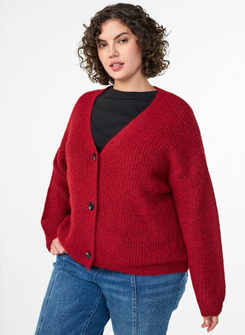 Cardigan i strik med v-hals, Rød, Model image number 0
