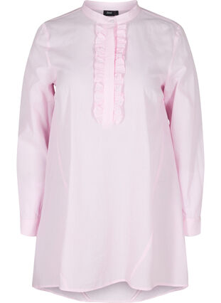 Bomulds skjorte med striber og flæser, Pink Stripe, Packshot image number 0