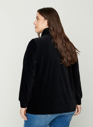 Velour bluse med høj hals og lynlås, Black, Model image number 1