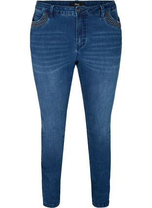 Nille jeans med høj talje og nitter, Medium Blue denim, Packshot image number 0