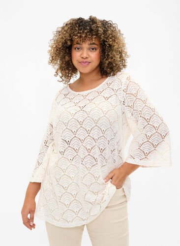 Crochet bluse med 3/4 ærmer, Sandshell, Model image number 0