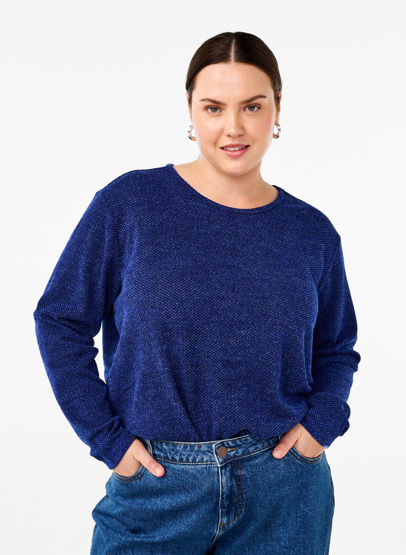 Meleret bluse med rund hals og lange ærmer, Sodalite Blue, Model image number 0