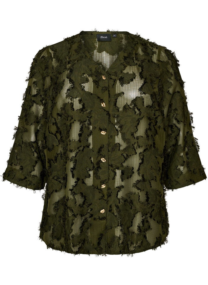 Bluse med frynsede tr&aring;de og struktur, Gr&oslash;n, Packshot image number 0