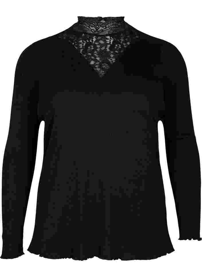 Højhalset bluse med blonder , Black, Packshot image number 0