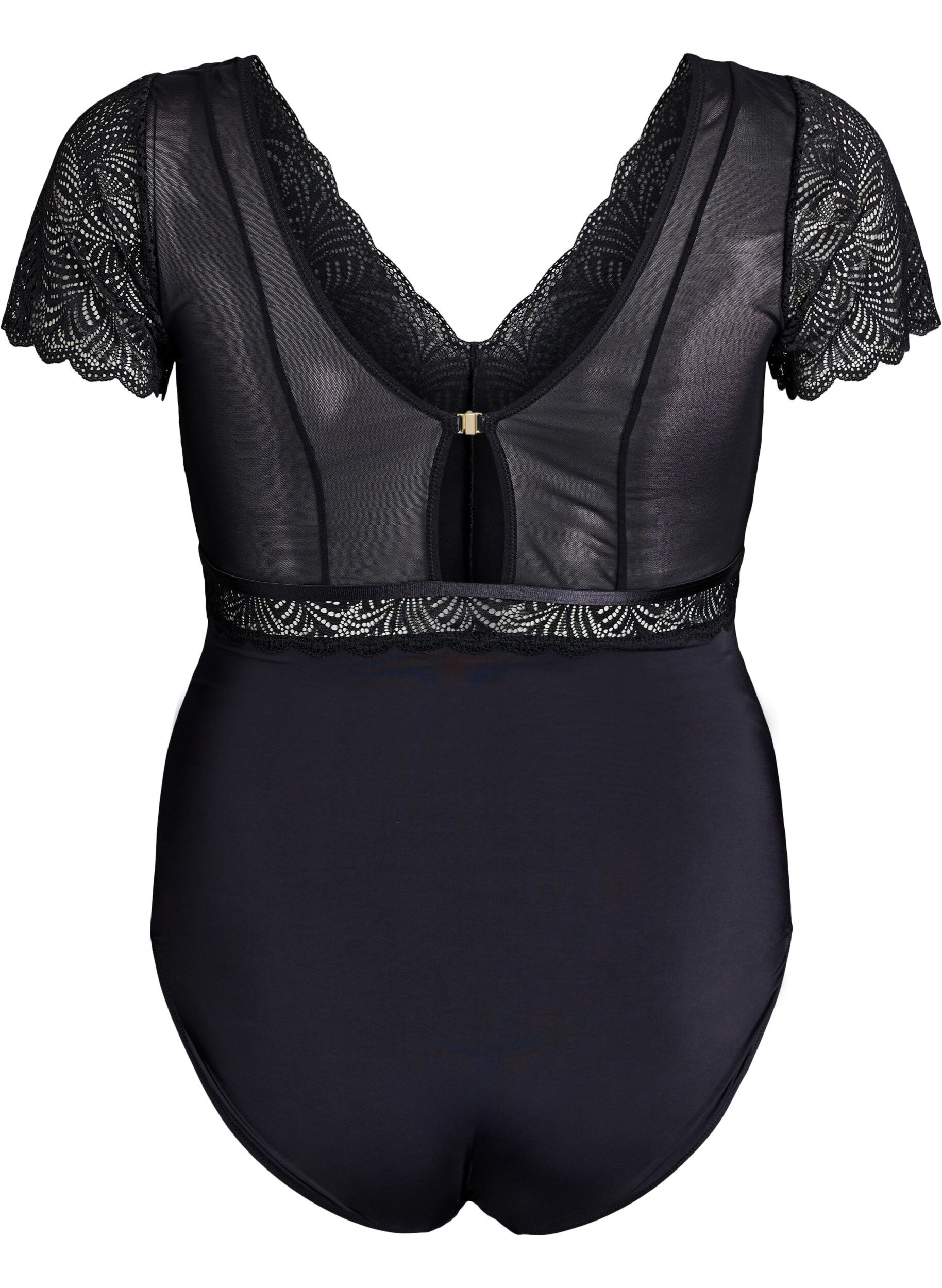 Zizzi Bodystocking med blonder og korte &aelig;rmer, Sort, Packshot image number 1